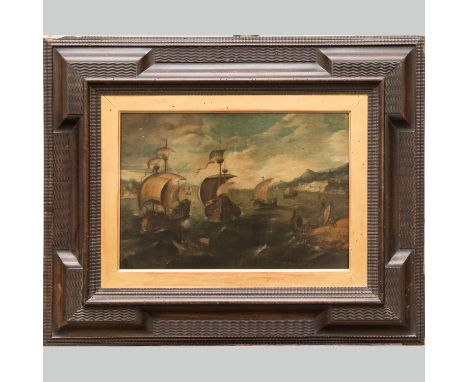 Pieter Brueghel the younger (1564 – 1638) – Attributed. Ships and boats by choppy sea with soldiers and houses in distance. O