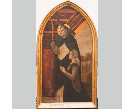 Ambrogio Bergognone ( 1470-1523)-follower, Portrait of a male martyr with female founder. Oil on panel in arched gilded frame