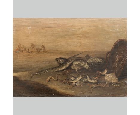 Jan van Kessel (1626-1679)-attributed,Beach with fishes and fishers. Oil on oak panel. 30 x 44 cm.
