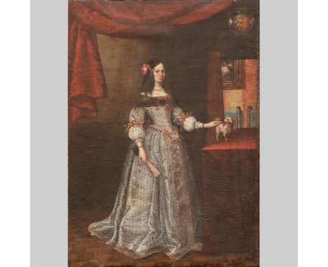 Cremonese artist 16th Century. Portrait of an elegant lady with a dog and interior view. Upper right coat of arms. Oil on can
