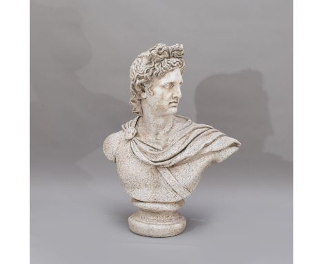 Apollo Bust , in classical manner on round stepped base composition stone . 82 cm height