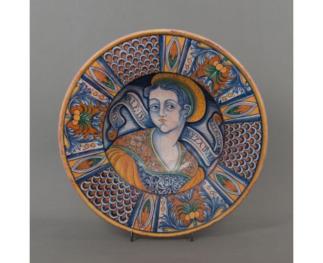 Deruta ceramic dish, Round shape with deeper centre with ladies portrait , description and ornamental decorations, painting i