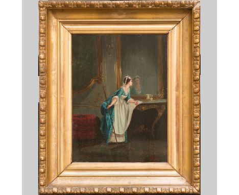 Pancraz Körle (1823-1875), lady in front of a mirror, oil on panel, signed bottom right, framed, 33 x 24 cm