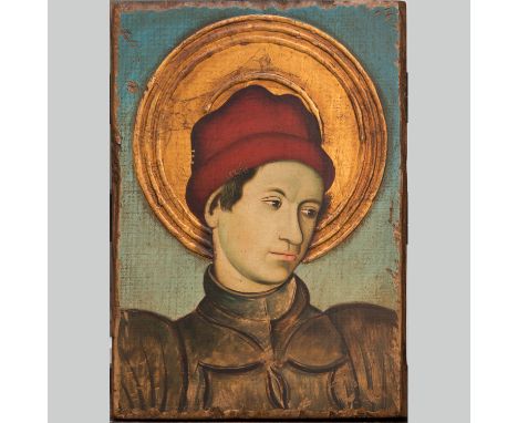 Jaume Huguet (1412-1492)-follower,  Portrait of a young Saint. Oil on wooden panel with gilded halo. 40 x 29 cm.