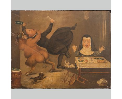 Vienna Artist second half 19th Century, fantastic comical scene , oil on wooden panel. 30X37 cm , monogrammed