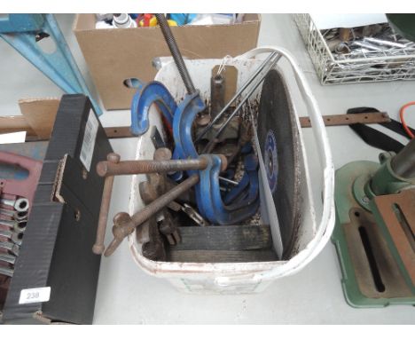 A selection of garage and wood working tools including record G Clamp set and sash clamp