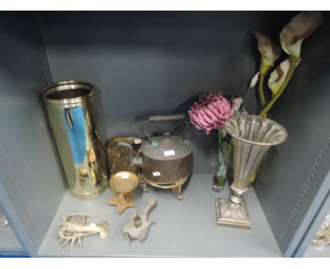 A selection of brass wares and similar including model lobster and chamber stick