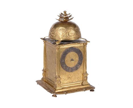 
	
		A rare Danish Renaissance gilt brass steel-framed table clock
		Daniel Kersten, Odense, late 16th century
		The posted m