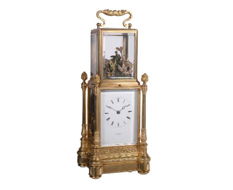 A fine and rare French gilt brass singing bird automaton carriage clock Japy Freres for Henry Marc, Paris, circa 1860The eigh