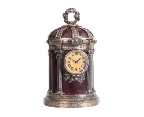 Y A rare French silver mounted tortoiseshell miniature carriage timepiece in the form of a rotundaMaison Boin-Taburet, Paris,