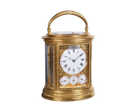 A fine engraved gilt brass oval grande-sonnerie striking calendar carriage clock with push-button repeat and alarmDrocourt, P