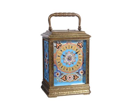 A French engraved brass carriage clock with porcelain panels and push-button repeatProbably by Jules Brunelot, Paris, circa 1