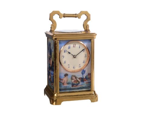 A Swiss gilt brass carriage clock with fine German enamelled silver panels and alarmStamped for Rau and Steinmeyer, Geneva an