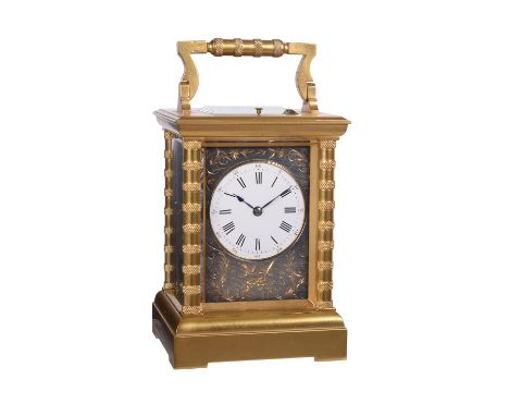 A French frosted gilt brass carriage clock with push-button repeatUnsigned, Paris, late 19th centuryThe eight-day two-train g