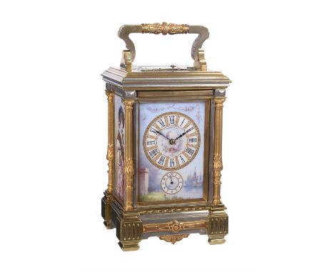 A fine French porcelain panel inset silvered and gilt brass grande-sonnerie striking carriage clock with push-button repeat a