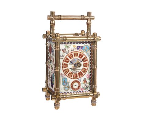 A fine French gilt brass bamboo cased carriage clock with Aesthetic style porcelain panels, push-button repeat and alarmUnsig