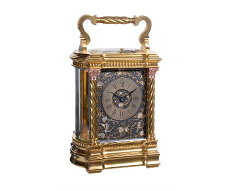 A fine French gilt brass carriage bow-sided clock with multi-coloured relief cast foliate decorated dial and push-button repe