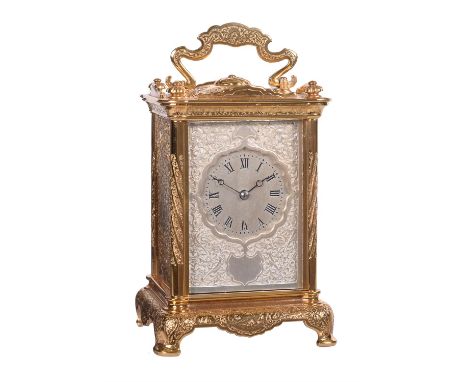 An unusual French engraved gilt brass carriage in the Ottoman styleUnsigned, Paris, late 19th centuryThe eight-day two train 
