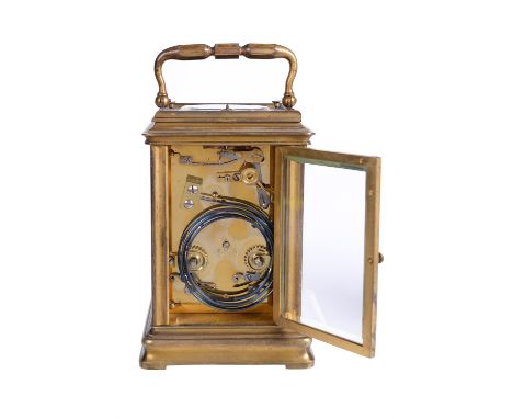 A fine French gilt brass five minute-repeating carriage clock with dumb-strikeRetailed by Mangan, Rhodes and Son, Bradford, l