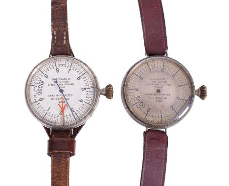 
	
		Two rare pilot's wrist mounted 'aero hypsometers'
		J.H. Steward Limited, London, circa 1915
		Each with circular silver