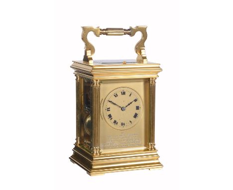A French gilt brass carriage clock with push-button repeatUnsigned, late 19th centuryThe two train eight-day gong striking mo