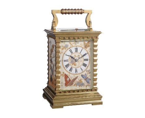 A fine French carriage clock with unusual glass bead highlighted Aesthetic style porcelain panels and push-button repeatAchil