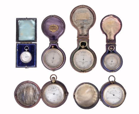 
	
		A group of five gilt brass aneroid pocket barometers
		Various makers, late 19th and early 20th century
		Each with circ