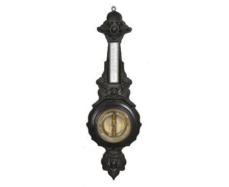 A French Bourdon pattern carved ebonised aneroid wheel barometerJules Richard, Paris, Late 19th centuryWith visible gilded me