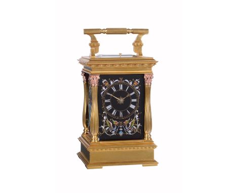 A very fine Limoges enamel panelled gilt brass cased carriage clock with push-button repeat and alarmProbably by A. Dumas, Pa