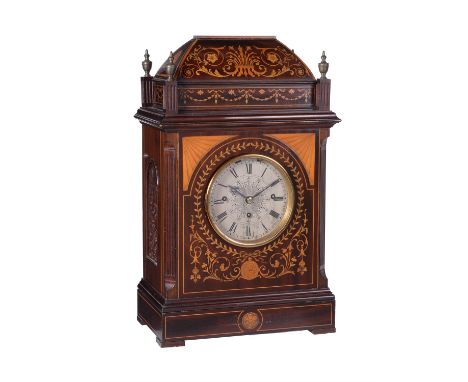 
	
		An Edwardian inlaid mahogany quarter chiming bracket clock
		Unsigned, circa 1900
		The substantial four pillar triple c