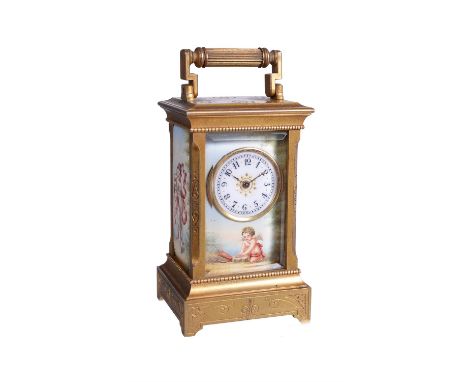 A fine Swiss porcelain inset engraved gilt brass sub-miniature carriage timepieceUnsigned, circa 1900The single train movemen