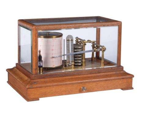 An oak cased barograph with thermometer G. Lee and Son, Portsmouth, early 20th century The mechanism with seven segment anero