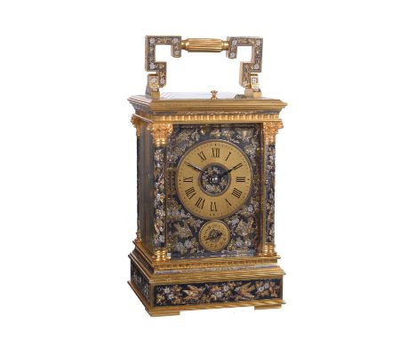 A fine French frosted gilt brass carriage clock with multi-coloured relief cast foliate decorated anglaise riche case, push-b