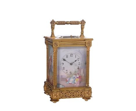 A French gilt brass carriage clock with figural painted porcelain panels and push-button repeatThe movement stamped L.F., Par