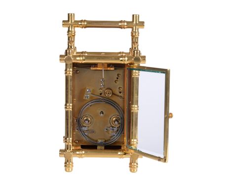 A fine French gilt brass bamboo cased carriage clock with relief enamelled panels and push-button repeatProbably by Jules Bru