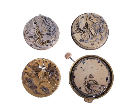 Three chronograph pocket watch movements and a quarter-repeating movementAll unsigned, Swiss, 20th centuryIn varying states o