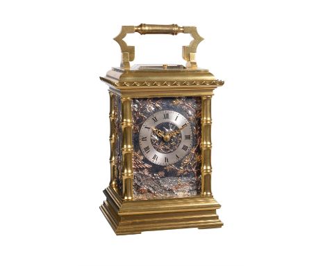 A fine French gilt brass carriage clock with multi-coloured relief cast chinoiserie panels and push-button repeat Gay, Lamail