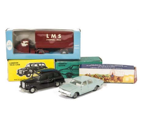 Various Diecast, Budgie Toys Scammell Scarab LMS, London Taxi Cab, MICA Ltd Edition Covered Wagon, USSR Gaz Volga M24-01, in 