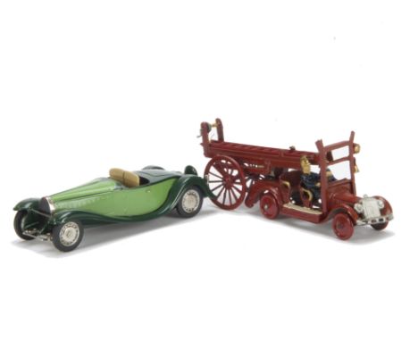 A Taylor & Barrett Fire Engine & Escape, red body with separate silver Rolls grille, red all metal wheels, seated firemen, dr
