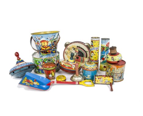 Seaside Spinning Tops and other Tinplate Toys,  Chad Valley 'Saucy Sal' bucket and Drum, Ohio 'Happy Sandman Spade', ACME  Ka