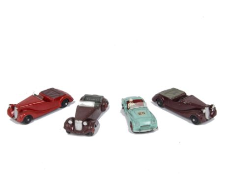 Dinky Toys 38b Sunbeam Talbot Sports, red body, maroon tonneau, black ridged hubs, similar example with maroon body, grey ton