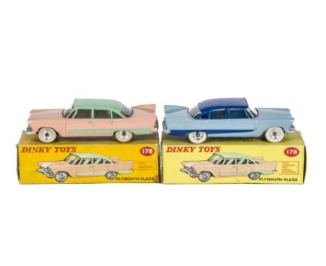 Dinky Toys 178 Plymouth Plaza Pair, first example light blue body, dark blue flash and roof, spun hubs, second example pink b