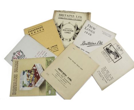 Original Britains 1948 leaflets for New Lines Farm Picture Packs and 'S' and 'P' Fort ranges,  with 1953 leaflets for Clockwo