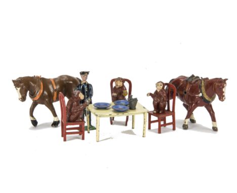 F.G. Taylor boxed No. 179 Chimpanzees' Tea Party, generally G, a little worn, with lead working horses by Chabens, Hilco, Cre