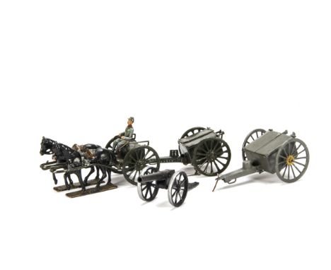 Mignot post WW2 production horse drawn limber and ammunition wagon, with similar wagon by SR, field gun by another maker and 