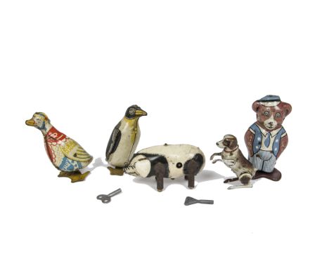 Tinplate clockwork Animals, US Zone Jumping Dog, Mettoy/ Brimtoy  or similar Pig, Penguin, Duck and Bear, F-G (5) Dog and pig