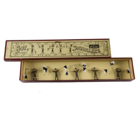 Britains post WW2 set 163 Boy Scout Signallers, restrung into original box, VG in G box, 1 figure not quite matching, box lab