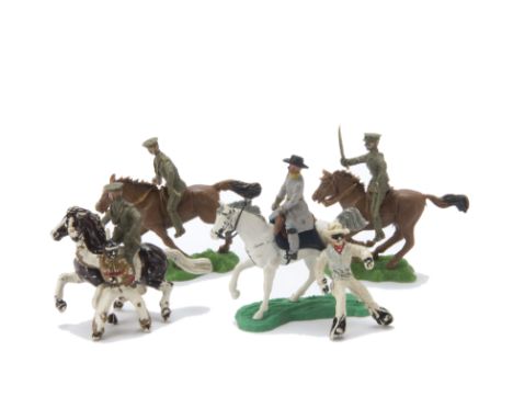 Crescent Toys plastic WW1 British Cavalry, (3 men, 2 horses), Lone Star Lone Ranger and Tonto, (missing Ranger's horse), Hera