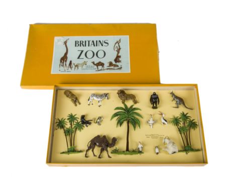 Britains post WW2 Zoo set 3Z,  restrung into original box, G in F box, polar bear with retouched paint chips. Box lid with sp