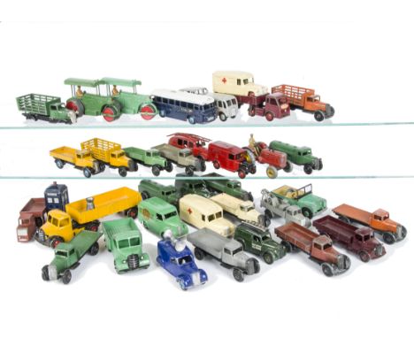 Playworn Dinky Toy Commercials, including Aveling-Barford (2), Daimler Ambulance (2), Observation Coach, 25c Flat Truck, 25a 